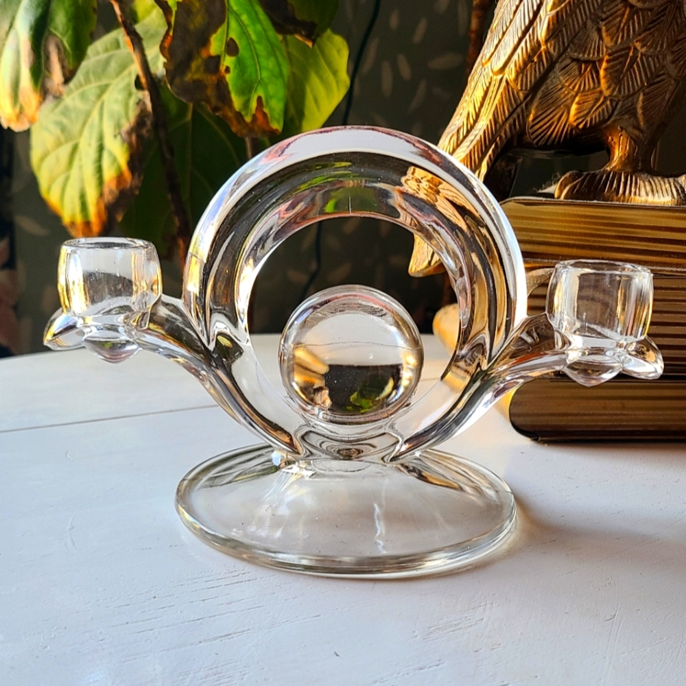Vintage Art Deco Double Candle Stick Indiana Glass